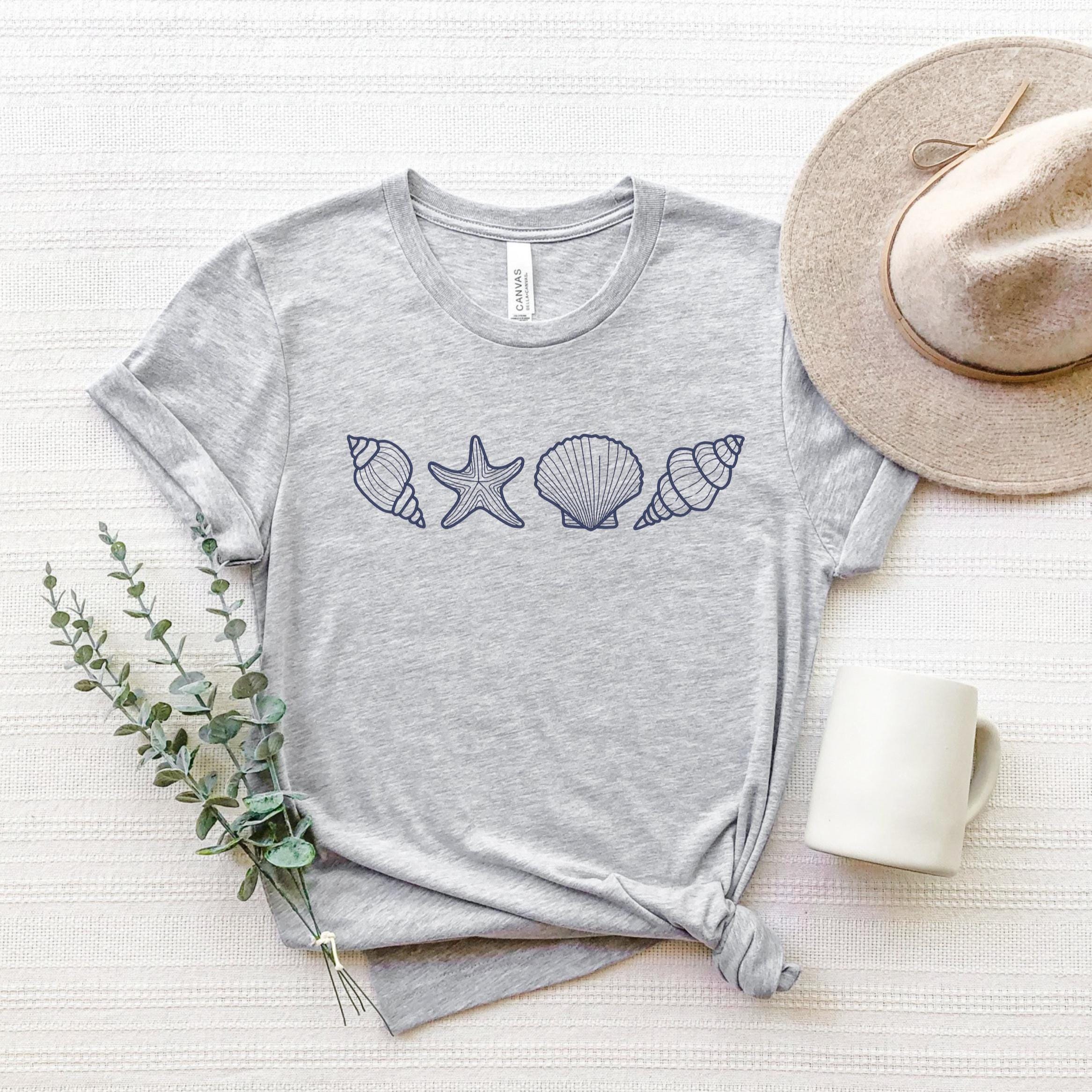 Sea Shells Beach Women T Shirts Summer Cotton Tops S серый