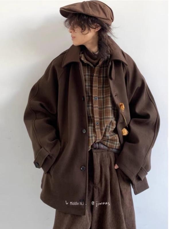 Unisex Retro Japanese Woolen Coat - Single-Breasted, Loose Fit, Raglan Sleeve