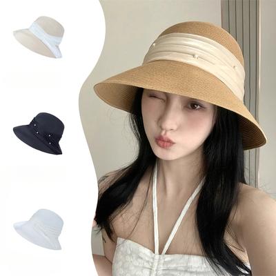 Damen Sommer Sonnenschutz Strohhut Japanischer Perlen Gaze Faltbarer Fischerhut Schleife Schalenhut Strand Sonnenschutz Mode