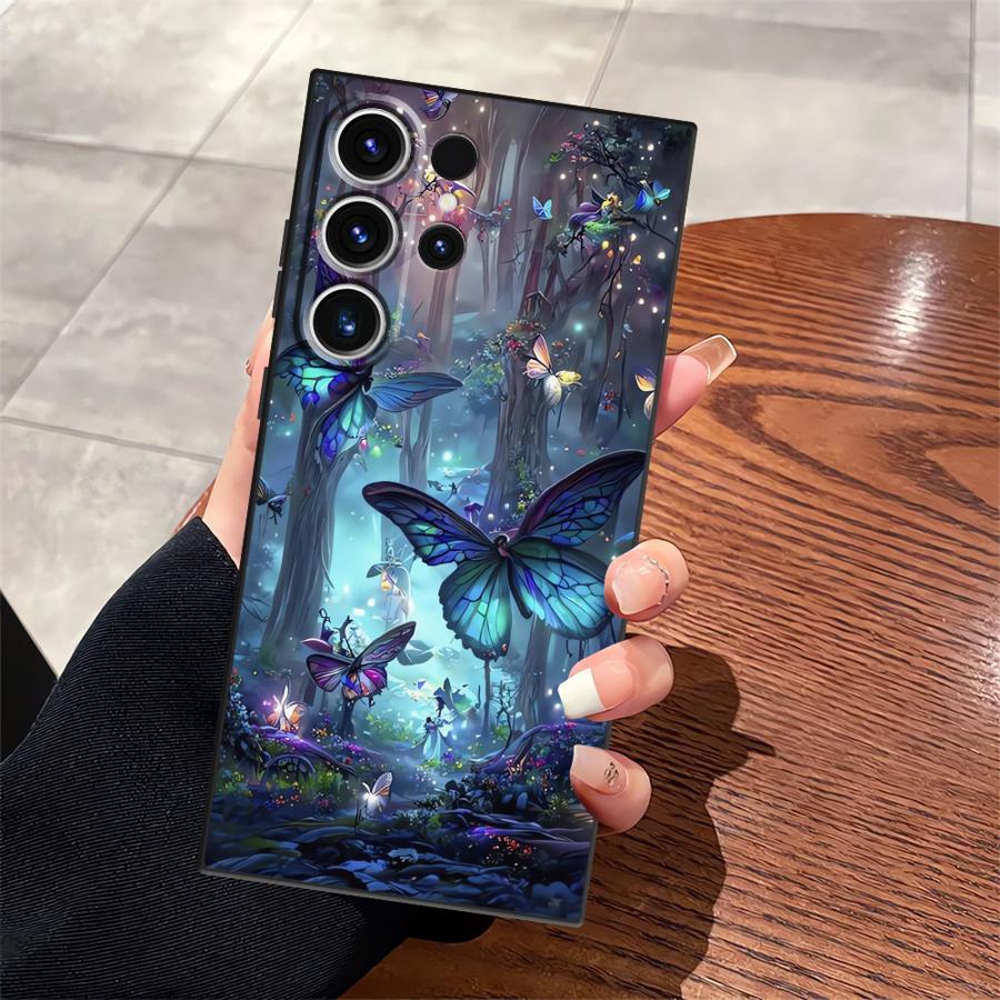 Cartoon Butterfly Pattern Black Soft Phone Cover Case for Samsung Galaxy S21 FE S25 Edge S23 Ultra S20 S24 Plus