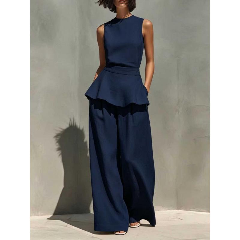 European and American new women's sleeveless vest vest ruffle edge wide-leg pants cotton and linen two-piece women's clothing