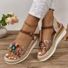 Übergröße Plateau-Sandalen Damen Runde Zehenpartie Offene Zehenpartie Ein Riemen mit Schnalle Klare Edelsteine Hanfgewebt Strand-Sandalen