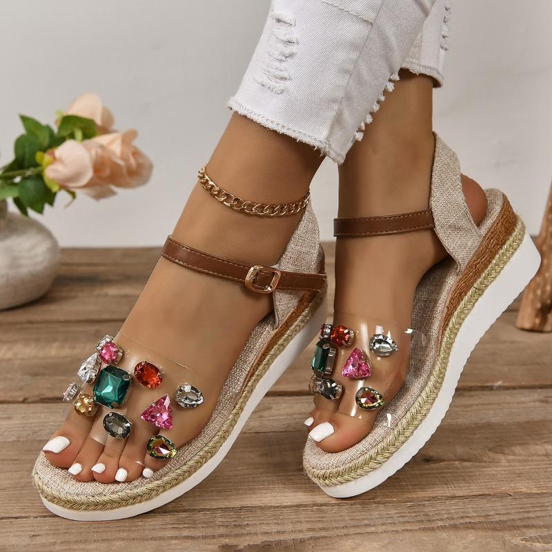 Übergröße Plateau-Sandalen Damen Runde Zehenpartie Offene Zehenpartie Ein Riemen mit Schnalle Klare Edelsteine Hanfgewebt Strand-Sandalen