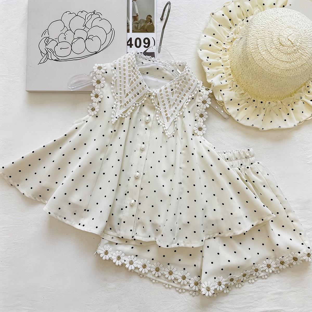 Girls Daisy Lace Doll Collar Sleeveless Top & Shorts Set - Summer 2026 Two-Piece 100 cm