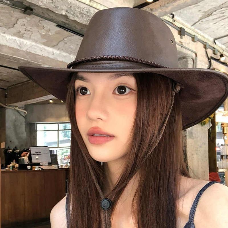 Leather Western Cowboy Hat Autumn and Winter Hat Women's Large Brim Showing Face Small Bucket Hat Outdoor Windproof Mountaineering Hat