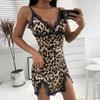 European & American Sexy Leopard Print Lace-Trim Spaghetti Strap Bodycon Dress