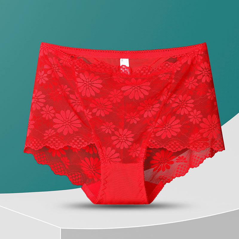 Plus Size Lady Summer Sexy Lace Hollow Out Transparent Without Mark Lift Hip High Waist Triangle Briefs