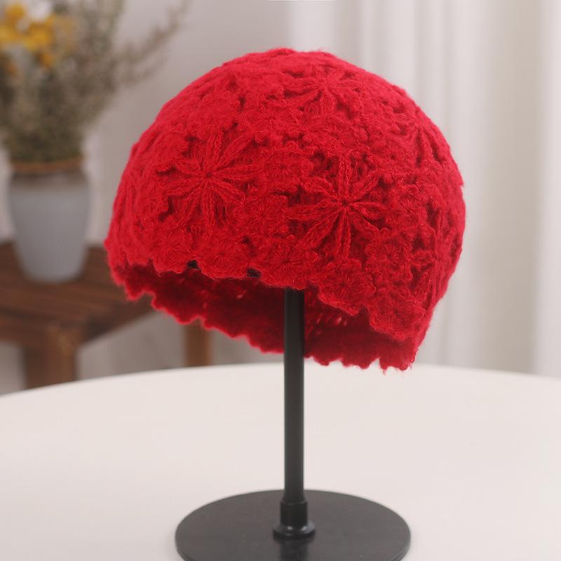 Нишевая ретро литературная кружевная цветочная ажурная шляпа женская милая модная вязаная шерстяная шапка меховая шапка 55-60cm