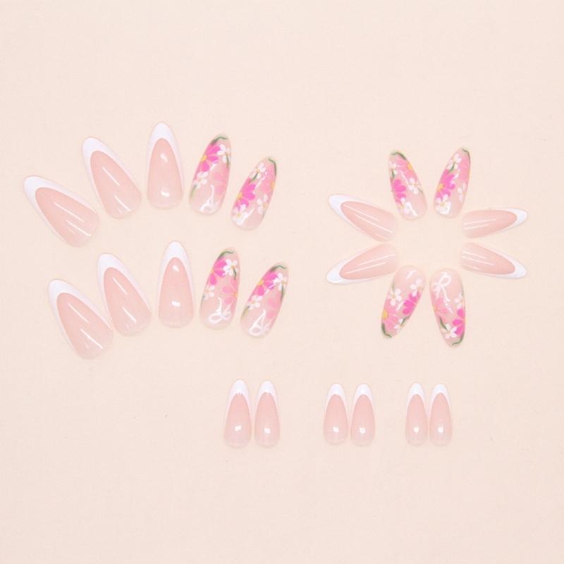 24Pcs Almond Press On Nail Flower French Fake Nail Acrylic False Nail,Artificial Nail Glues On Nail for Womens Girls