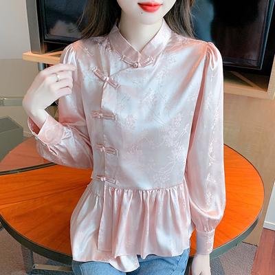 Herbst Mode Neu 2024 Langarm Stehkragen Damen Hemden Chinesischer Stil Chiffon Bluse Hemd Damen Oberteile Blusen Hemden J443