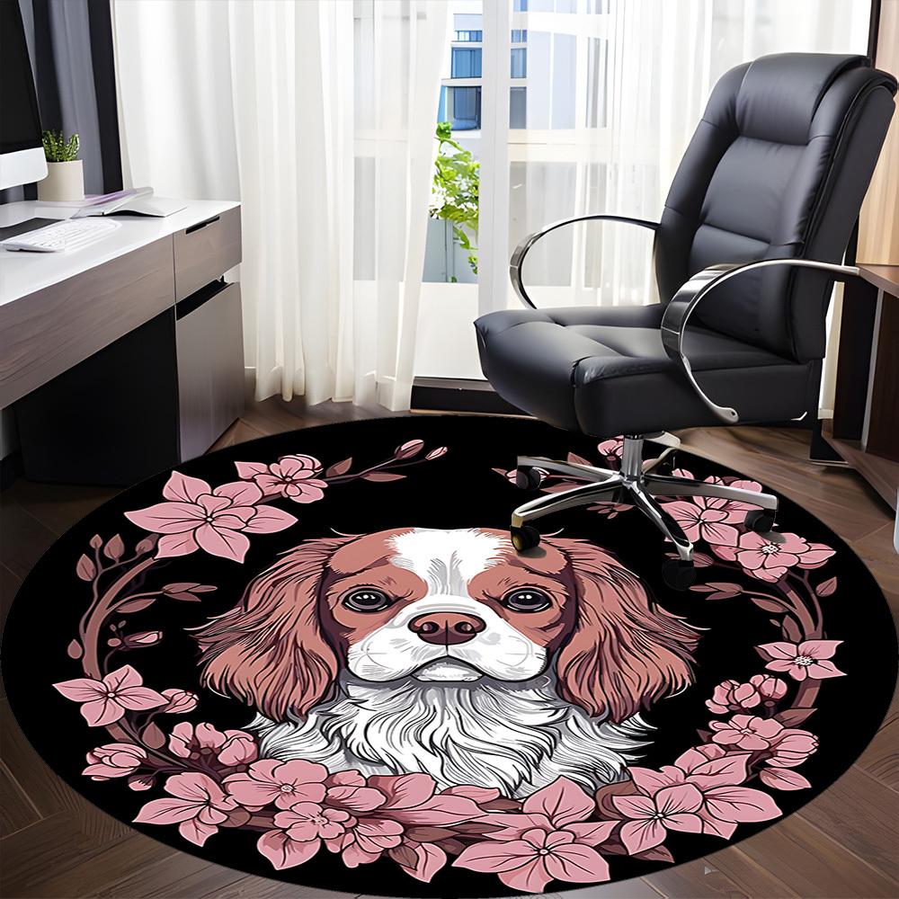 1pc Cavalier King Charles Spaniel Chair Carpet for Office, Round Non Slip Durable Large Size Office Carpet, Suitable for Office