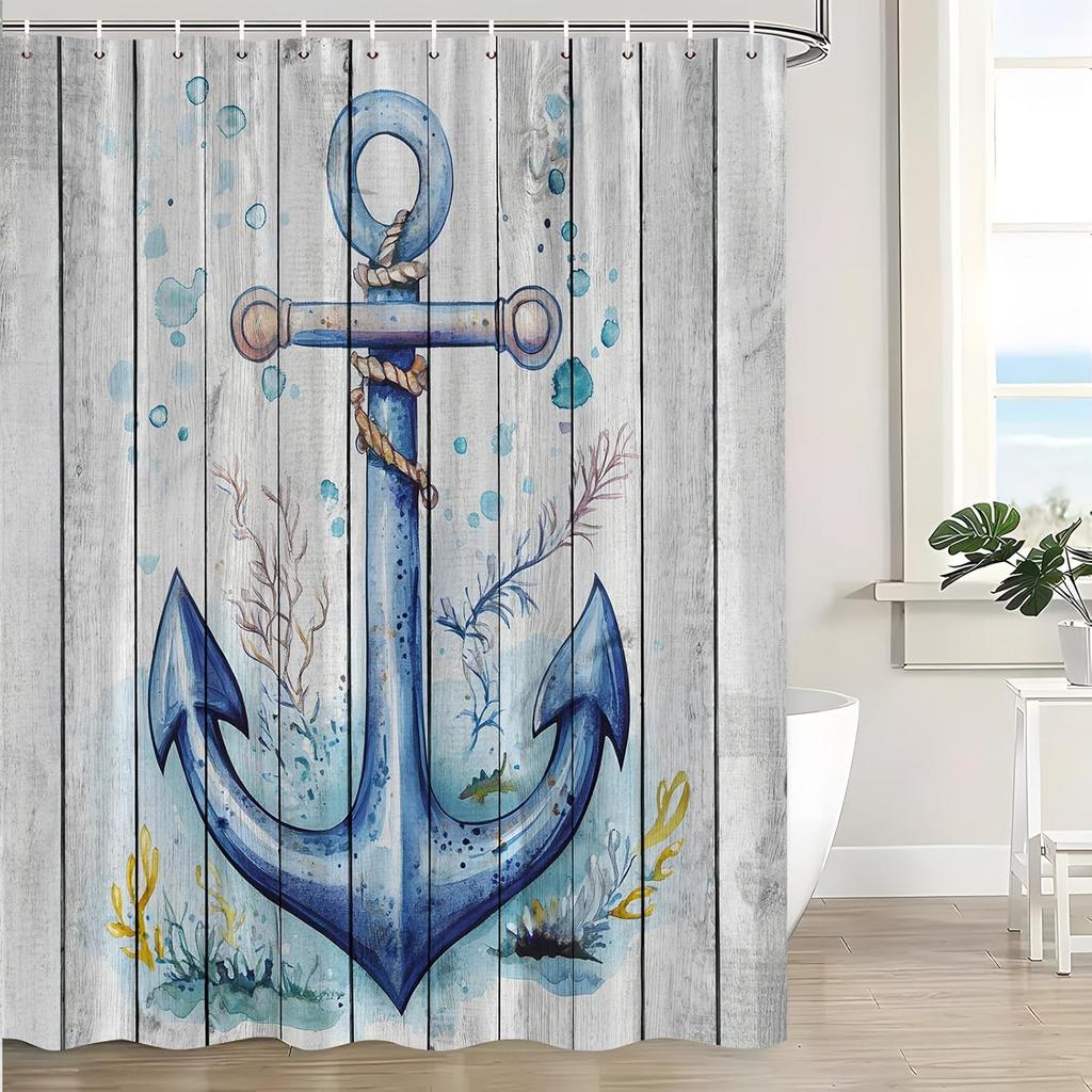 Nautical Anchor Shower Curtain Ocean Coastal Vintage Wooden Board Seaweeds Retro Sea Blue Marine Rustic Bath Curtain with Hooks