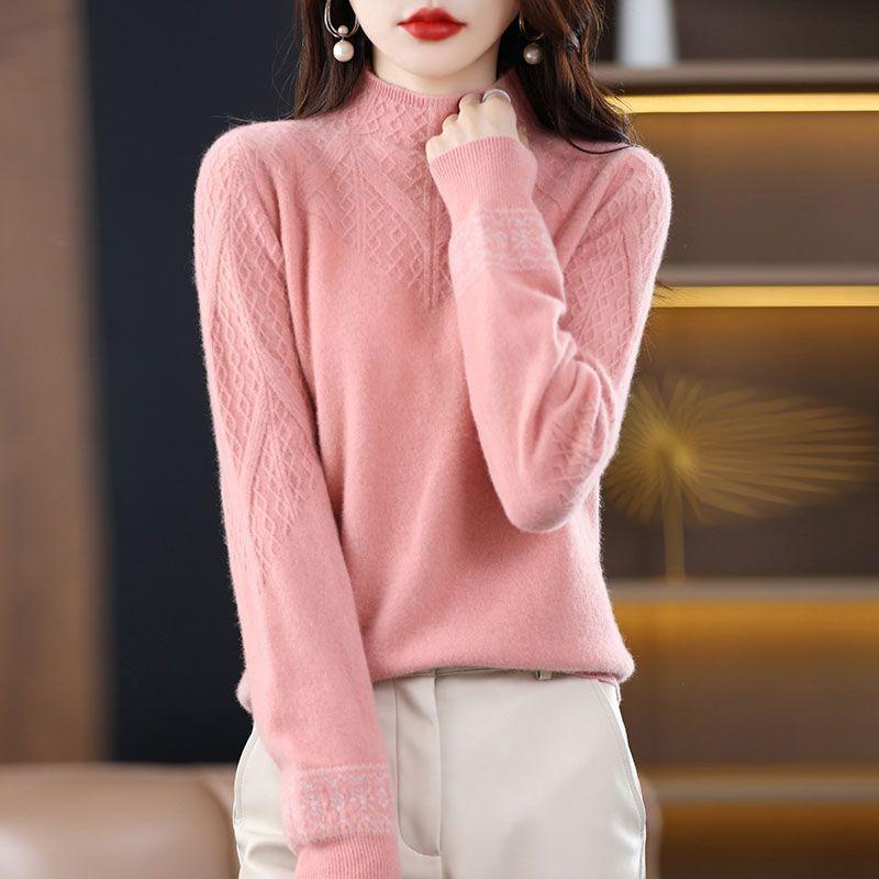 Winter Thick Jacquard Semi High Neck Knitted Sweater Women's Fashionable Loose Base Sweater