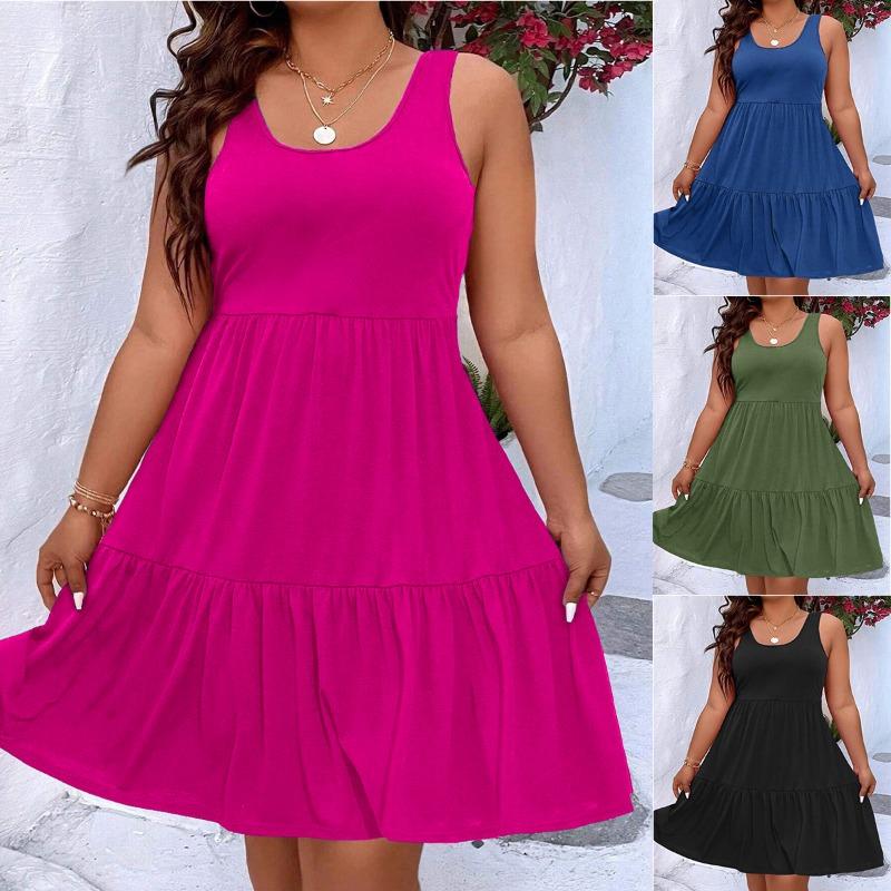 Spring and Summer Large Size Loose A-line Dress Women's Clothing Casual Commuter Sundress Solid Color Fashion Elegant Sleeveless Party Cake Dress