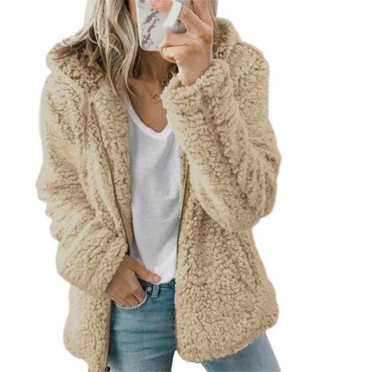 Warm Winter Hooded Fleece Coat Women Plush Fluffy Cardigan Fur Wool Jacket Long Sleeve Warmer