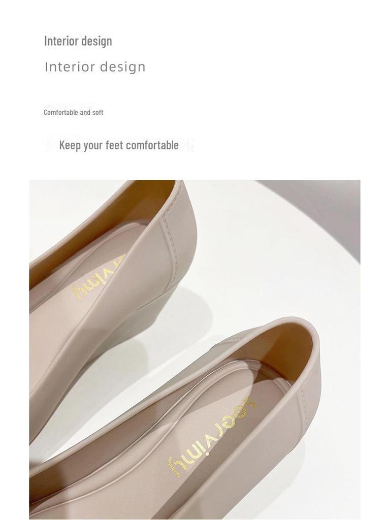 Korean Style Women's High Heel Rain Boots - Fashionable Anti-Skid Rubber Jelly Shoes with Wedge Heel and Floral Design