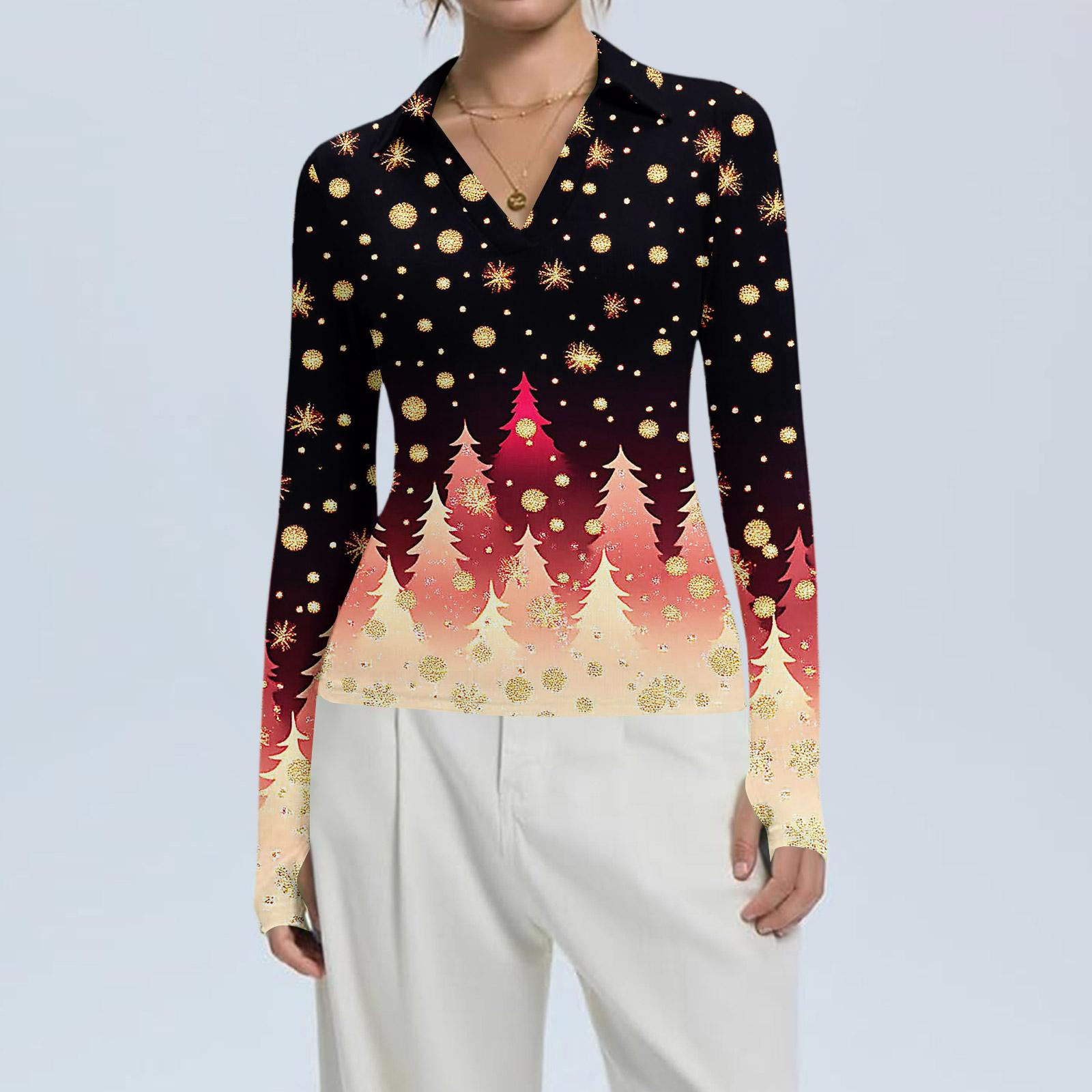 

Women s Fashion Casual Christmas Print V-Neck Long Sleeve Button-Down Top L