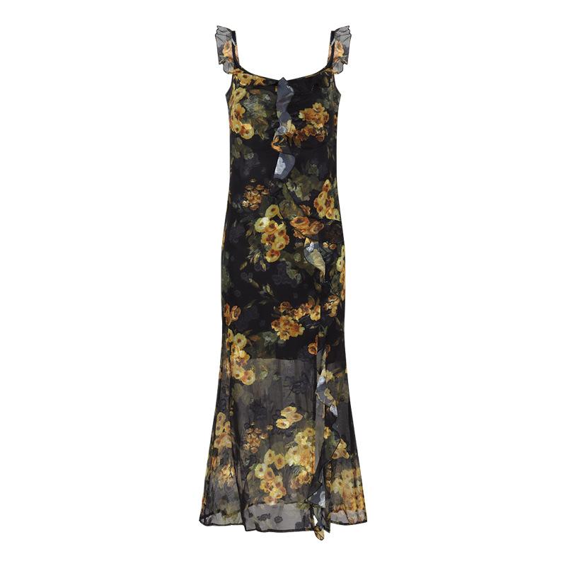 

Retro ruffle edge floral suspender dress women s summer fishtail skirt slim waist split long dress hip skirt S