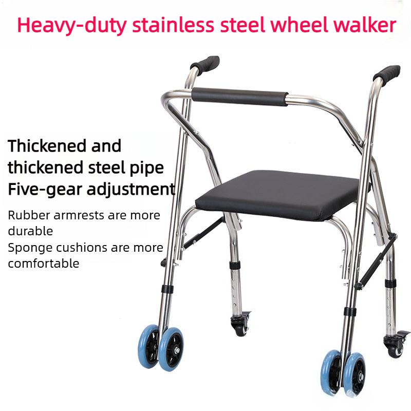 Adjustable Height Walking Aid Handcart Stainless Steel Elderly Walking Aid Foldable Auxiliary Walking Device