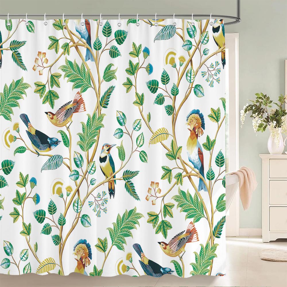 Chinese-style Printed Shower Curtain Waterproof Fabric Bathroom Plum Bossom Flowers Birds Plants Bathtub Screen Home Decorate