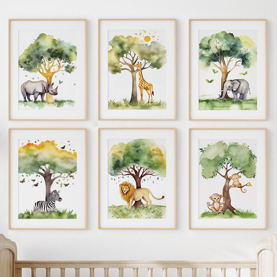 Watercolor Giraffe Elephant Lion Monkey Zebra Wall Art Canvas Painting Cartoon Posters And Prints Pictures Baby Kids Room Decor