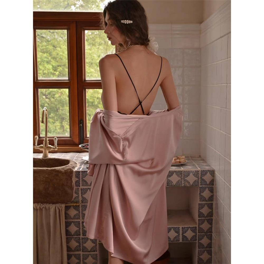 Sexy Pajamas Women Ice Ribbon Breast Pad Lace Suspender Nightgown Silk Home Clothes