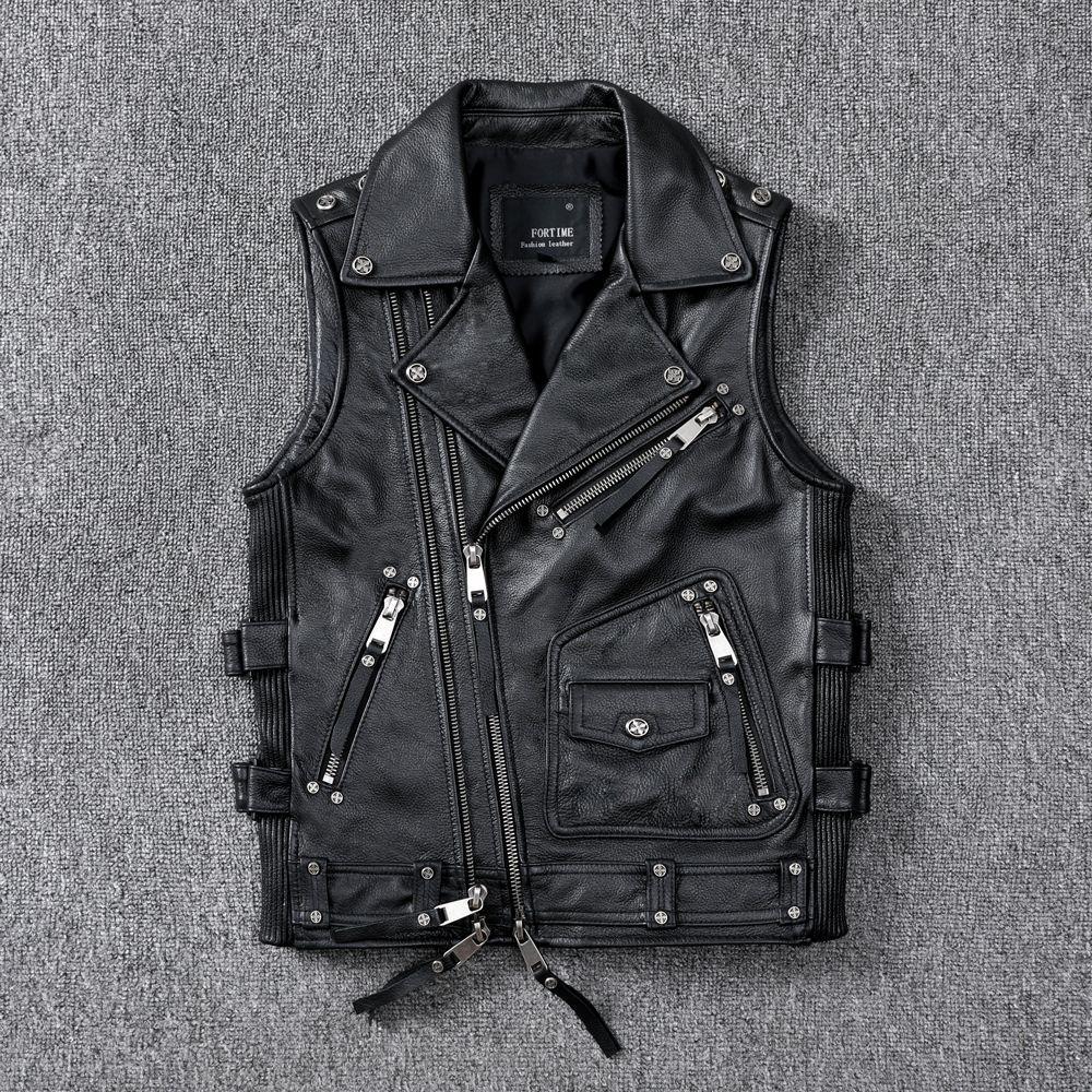 

New Motorcycle Vest Top Layer Cowhide Genuine Leather Leather Jacket Men s Short Lapel Motorcycle Riding Suit S чёрный