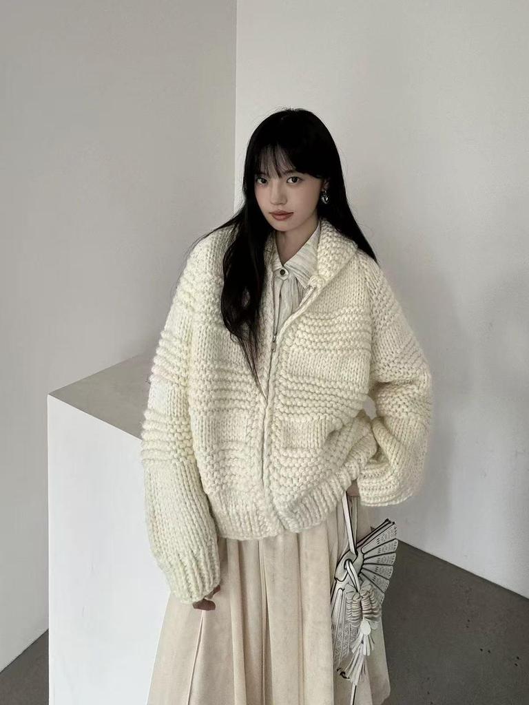 Women's High Neck Zip-up Chunky Knit Cardigan - Japanese & Korean Style (Autumn/Winter)