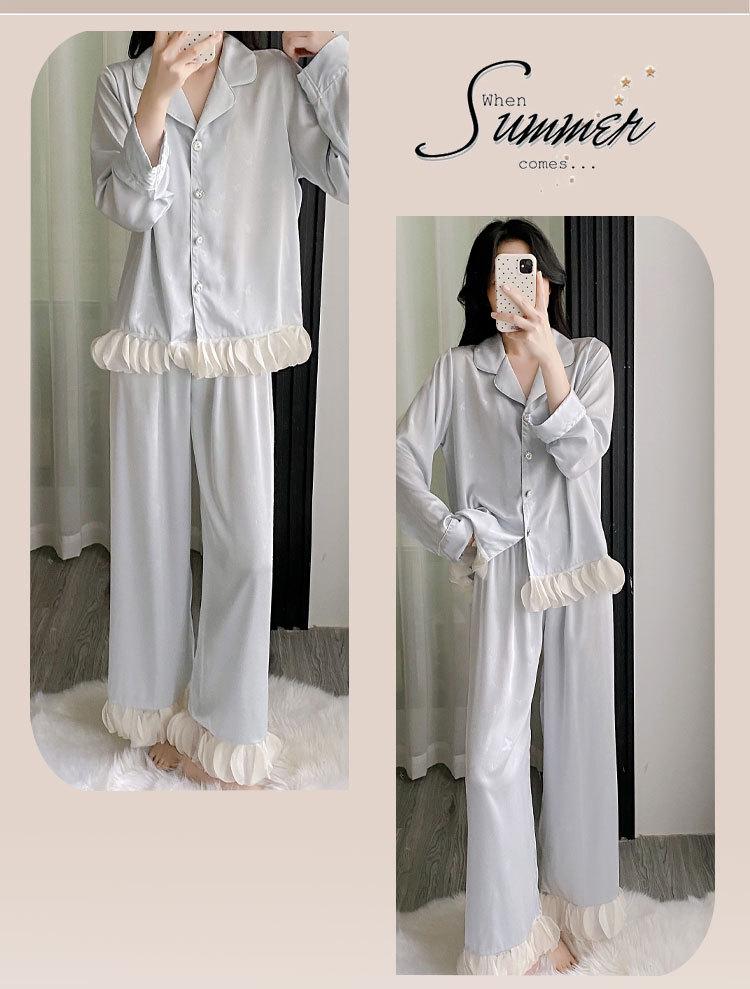 Ice Silk Pajama Set - Women's Long Sleeve & Pants with Lace, Sweet Style, Wearable Outdoors, 2025 Collection