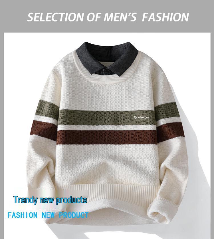 Stylish Men's Faux Two-Piece Sweater with Shirt Collar, Velvet Lining, and Knitted Wool for Autumn and Winter Warmth