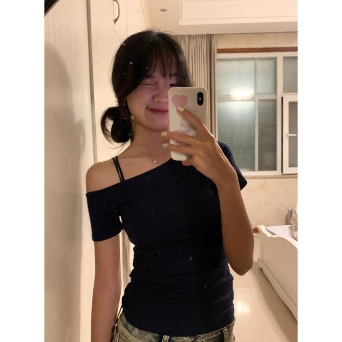 Niche new Spice Girl slim slim slanted collar off the shoulder Korean version T-shirt pure lust sexy versatile top ins M тёмно-синий