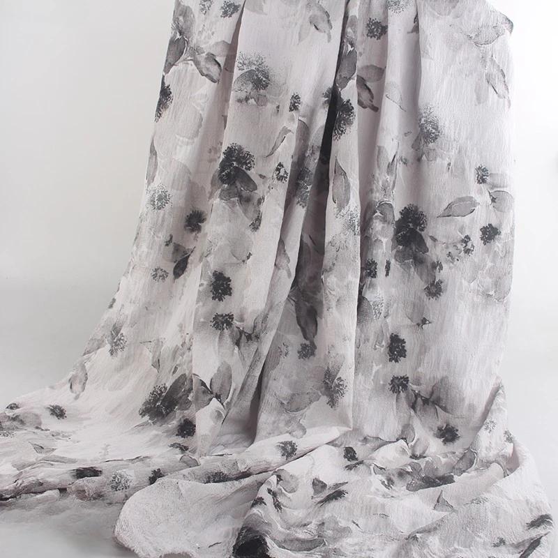 New Ink Print Floral Dress Fabric French Loose Halter Slimming Chinese Style Bubble Skirt Fabric Sewing for Clothes Dresses