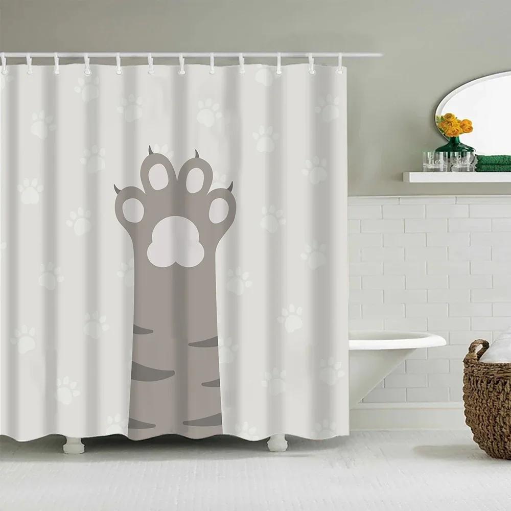 Cute Puppy Cat Cartoon Shower Curtain Waterproof Polyester Fabric With Hooks Washable Bathroom Decor Partition