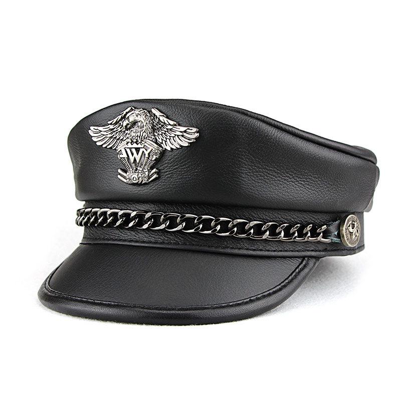 Herren Echte Leder Flache Kappe Deutscher Kapitänshut - Frühling & Herbst Retro Punk Motorrad Stil L Adjustable (55-57CM) black
