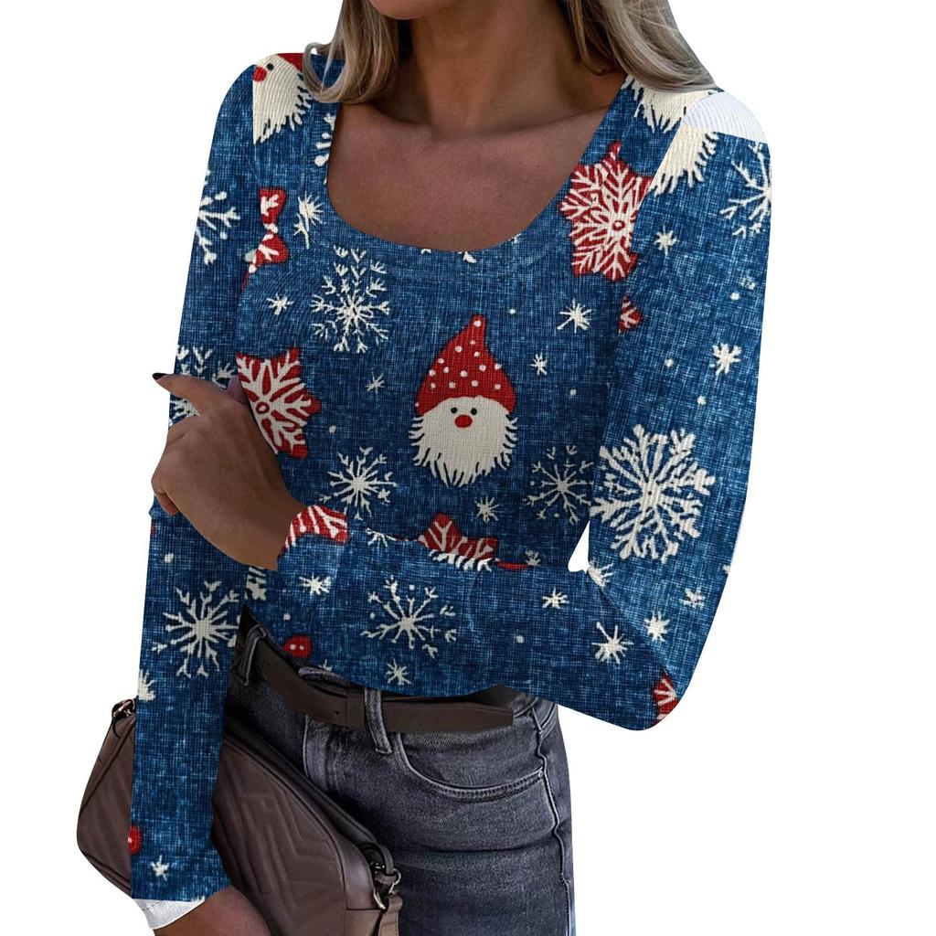 Damenmode Slim Bottom Casual Langarm Weihnachten bedruckt Pullover U-Ausschnitt Top