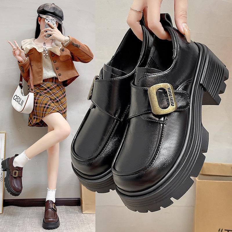 Niche British Small Leather Shoes Women's 2025 Spring New Retro Thick Heel Belt Buckle Loafers Heightening Fashion Single Shoes