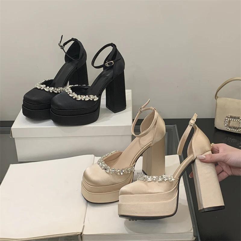 Eilyken Fashion CRYSTAL Diamonds Round Toe Buckle Strap Pumps Women Platform Chunky Heels Banquet Ladies Shoes