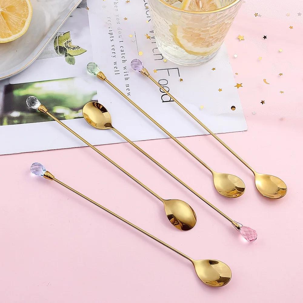 Crystal Sugar Spoon Set Long Handle Teaspoon 430 Stainless Steel Diamond Ice Spoon Perfect for Dessert Ice Cream Coffee Cocktail