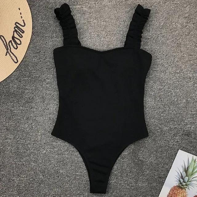 Sexy White Frill Trim Ruffled Ribbed Female Swimwear One Piece Swimsuit Women Monokini High Cut Bather Bathing Suit Swim Lady