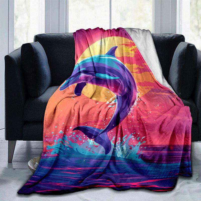 1pc Dolphin Printing Lightweight Flannel Blanket, Comfortable and Warm Blanket, for Camping Sofa Bed and Couch Office, Gift