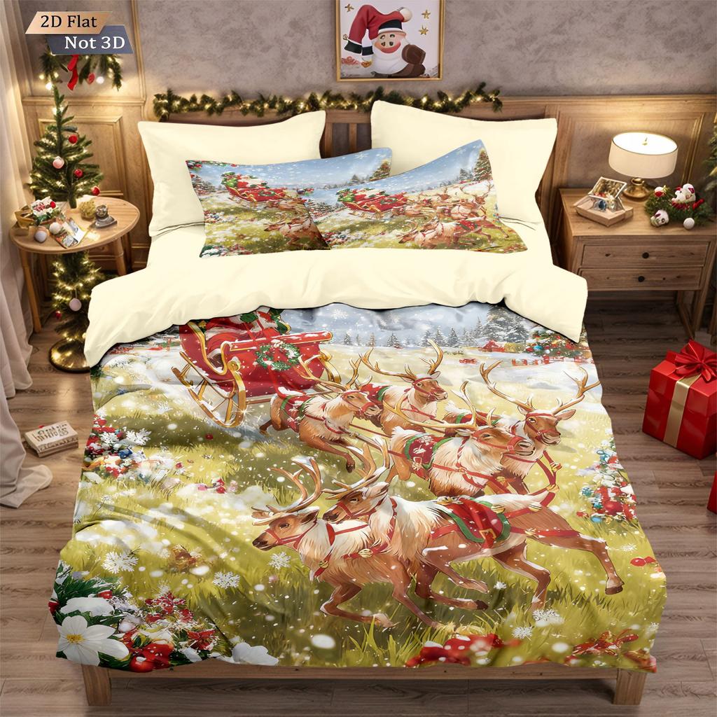 Three-piece Christmas Bedding Set, Brushed Duvet Cover and Pillowcase Set with Santa Claus Digital Print
