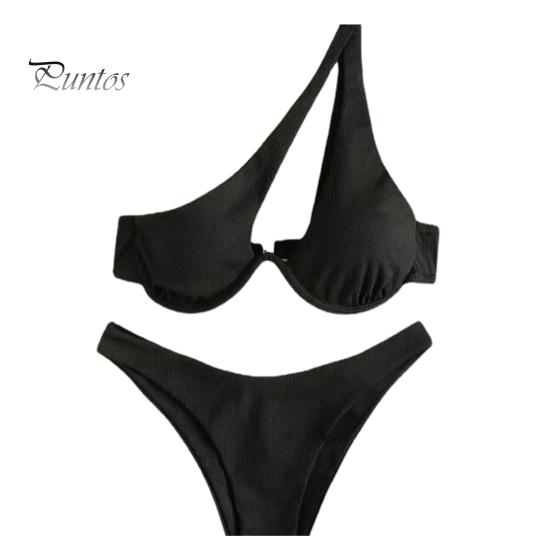 2Pcs/Set Women Sexy Bikini Set Solid Color One-shoulder Bra High Waist Briefs Set Quick Drying Swimsuit Beachwear