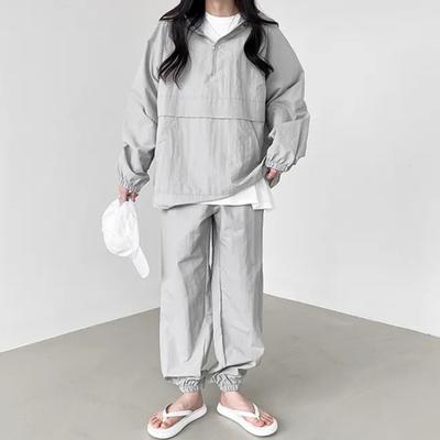 2 Pcs/Set Sweatshirt Pants Suit Loose Solid Color Zipper Big Pocket Stretchy Hem And Cuff Loose Sport Outfit Elalstic Waist Ankle-banded Trousers Set
