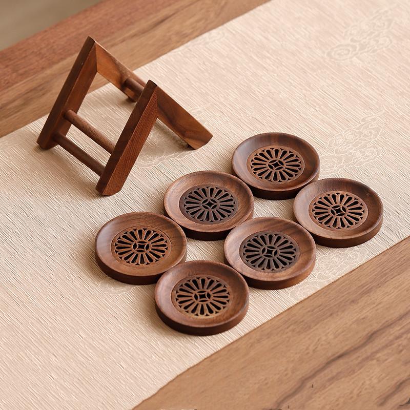 1 Set Chinese Walnut Wood Tea Tray Storage Rack Household Carved Coaster Insulation Teapot Teacup Mat Teaware Accessories