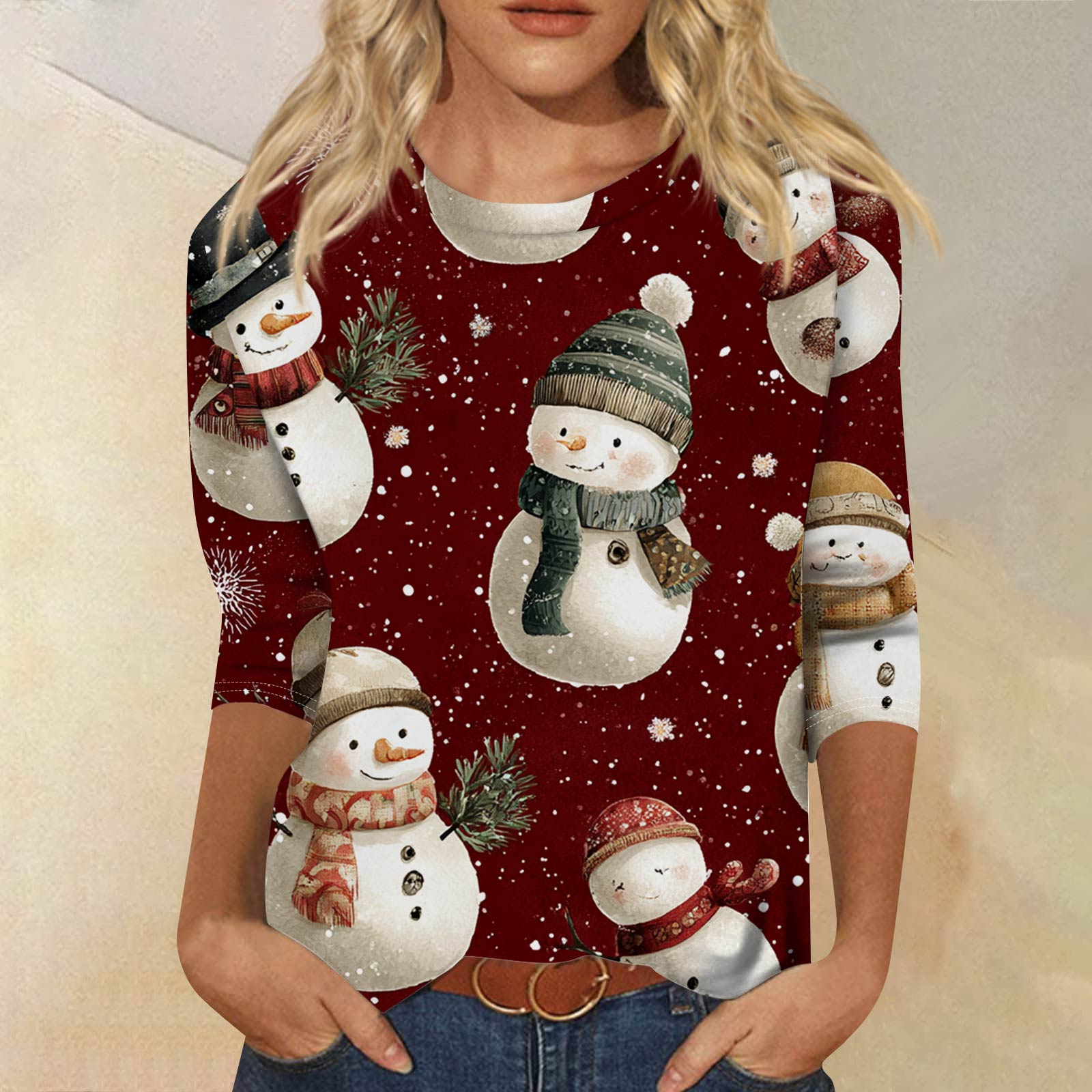 

Женская модная повседневная футболка с рукавом три четверти, принтом на Хэллоуин и круглым вырезом XL винный