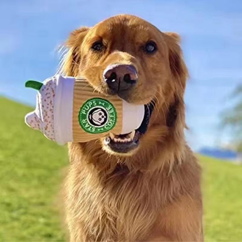 QUCHONPET  Interactive Squeaky Dog Plush Toy Coffee Cup Spice Latte Shape Funny Chew Toy