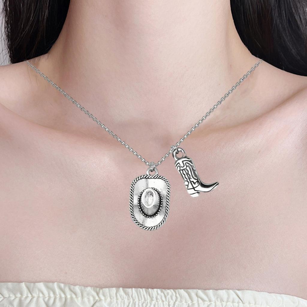 Vintage Western Cowboy Hat Boots Charm Pendant Necklace Adornment For Women Punk Jewelry Gifts Party Accessories