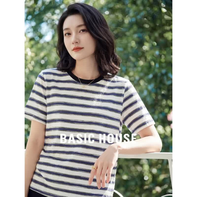 Basic House Striped Round Neck Short Sleeve T-Shirt L