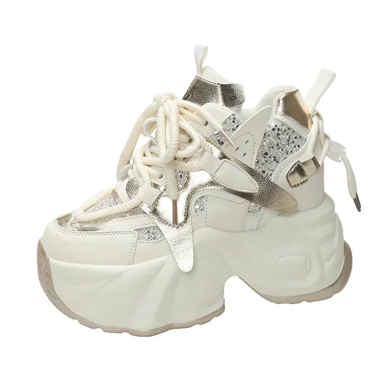 Fashion Women Bling Chunky Sneakers NEW Winter High Platform Warm Fur Shoes Ladies Wedges Casual Dad Shoes Leather Sports Sneakers 7.5CM