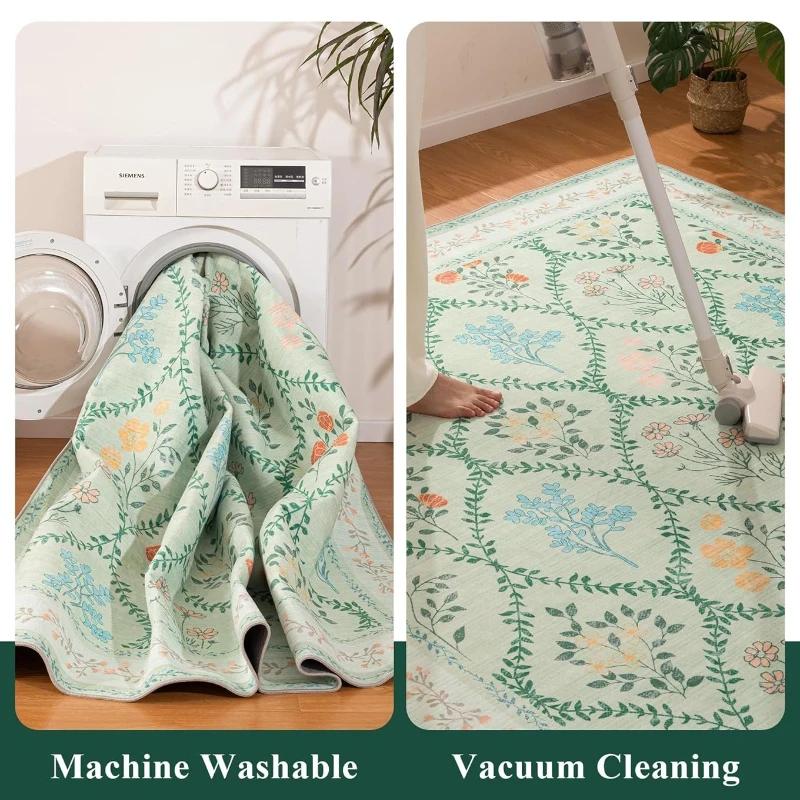 Floral Living Room Carpet Large Area Pastoral Style Print Bedroom Plush Rug Home Decoration Machine Washable Non-slip Floor Mats